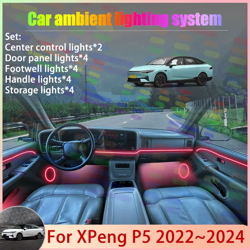 

Для XPeng P5 2022 ~ 2024 2023 2/24 в 1, автомобильная атмосферная лампа, RGB абажур, ансамбль, стример, атмосферный набор, автозапчасти, аксессуары