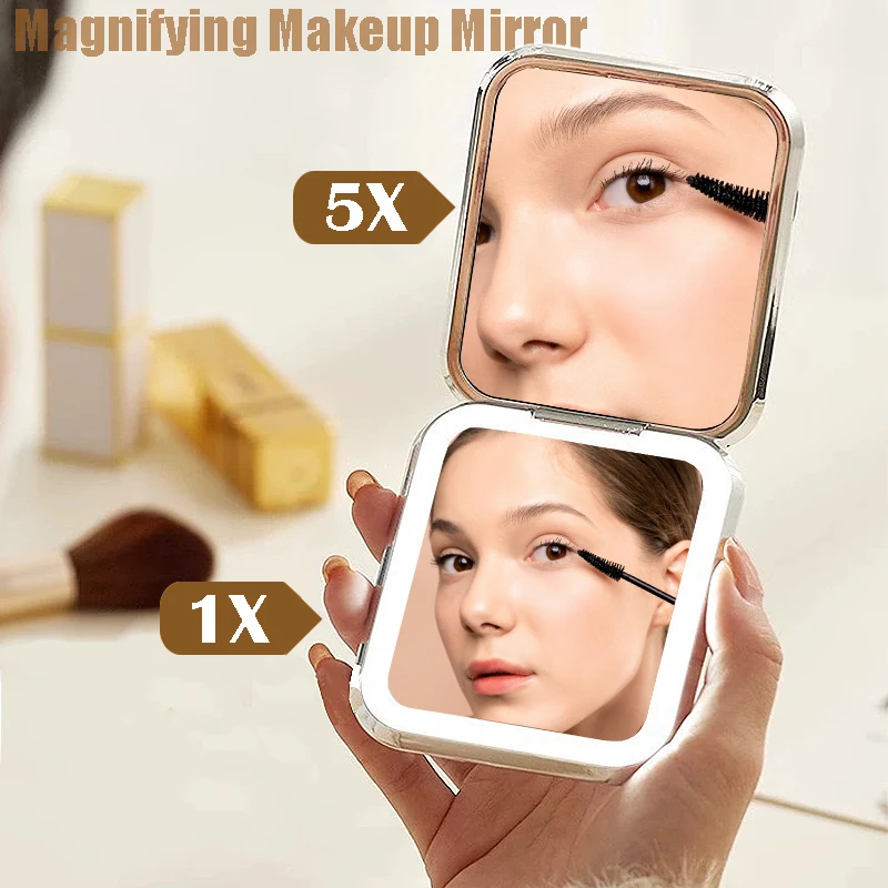 Galaxy Folding Make Up Mini Mirror with LED Light 5X Magnifying Small Pocket Portable Travel Cosmetic Mirrors with Type-C Cable