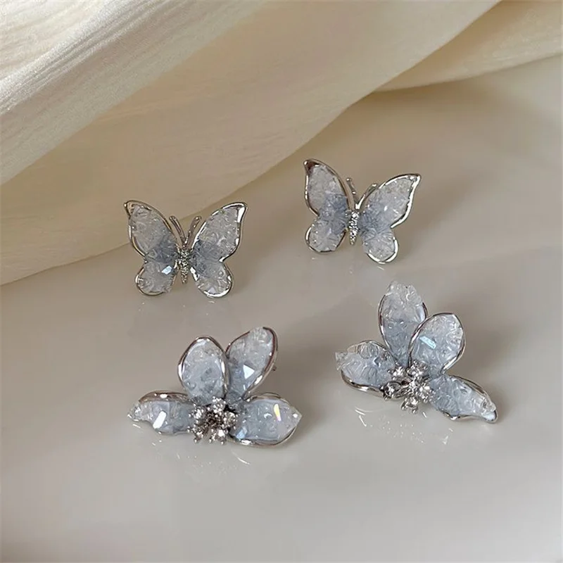 Korean Fashion Color Crystal Flower Butterfly Earrings for Women Exquisite Elegant Earring Wedding Party Luxury Jewelry Gift