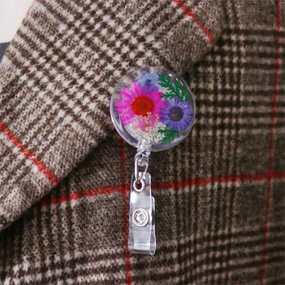 ID Badge Clip Retractable Pressed Floral Badge Reel Clip Transparent Badge Reel Reels Keyring Card Badge Holder ID Lanyard