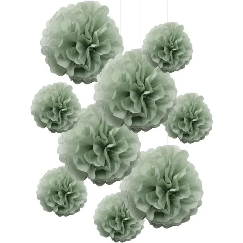 9 Uds. De pompones de papel de seda verde salvia polvoriento, flores para colgar en la pared, serpentinas de fondo para Baby Shower Neutral botánico, boda