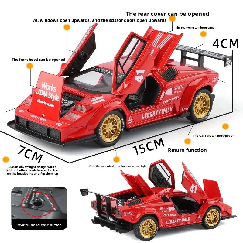 Simulazione Scala 1/32 Countach Liberty LBWK Modello di auto in lega Suono e luce per bambini Pull-Back Veicolo giocattolo in metallo Regalo di nascita