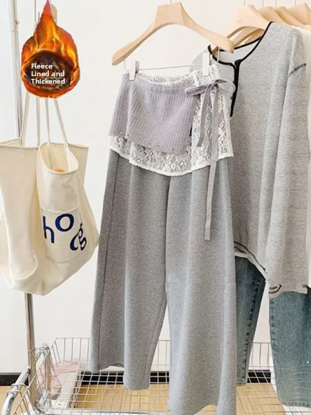 

Autumn Winter Grey Fleece Lined Thickened Straight Leg Wide Leg Sweatpants Women's Pant Skirt False Two Piece Butt ...