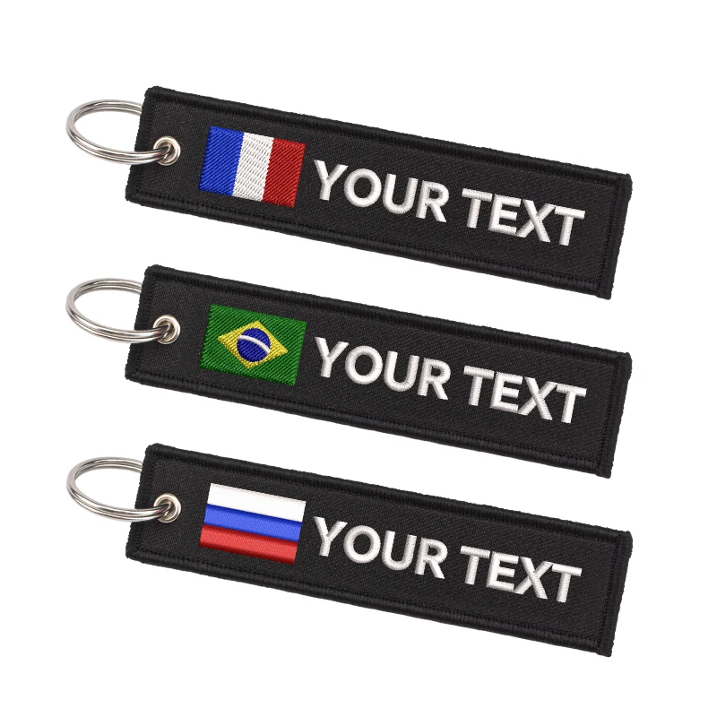 Customizable Double-Sided Embroidered Keychain with France, Brazil, Switzerlan Flag Design Personalized Text Name Key Ring