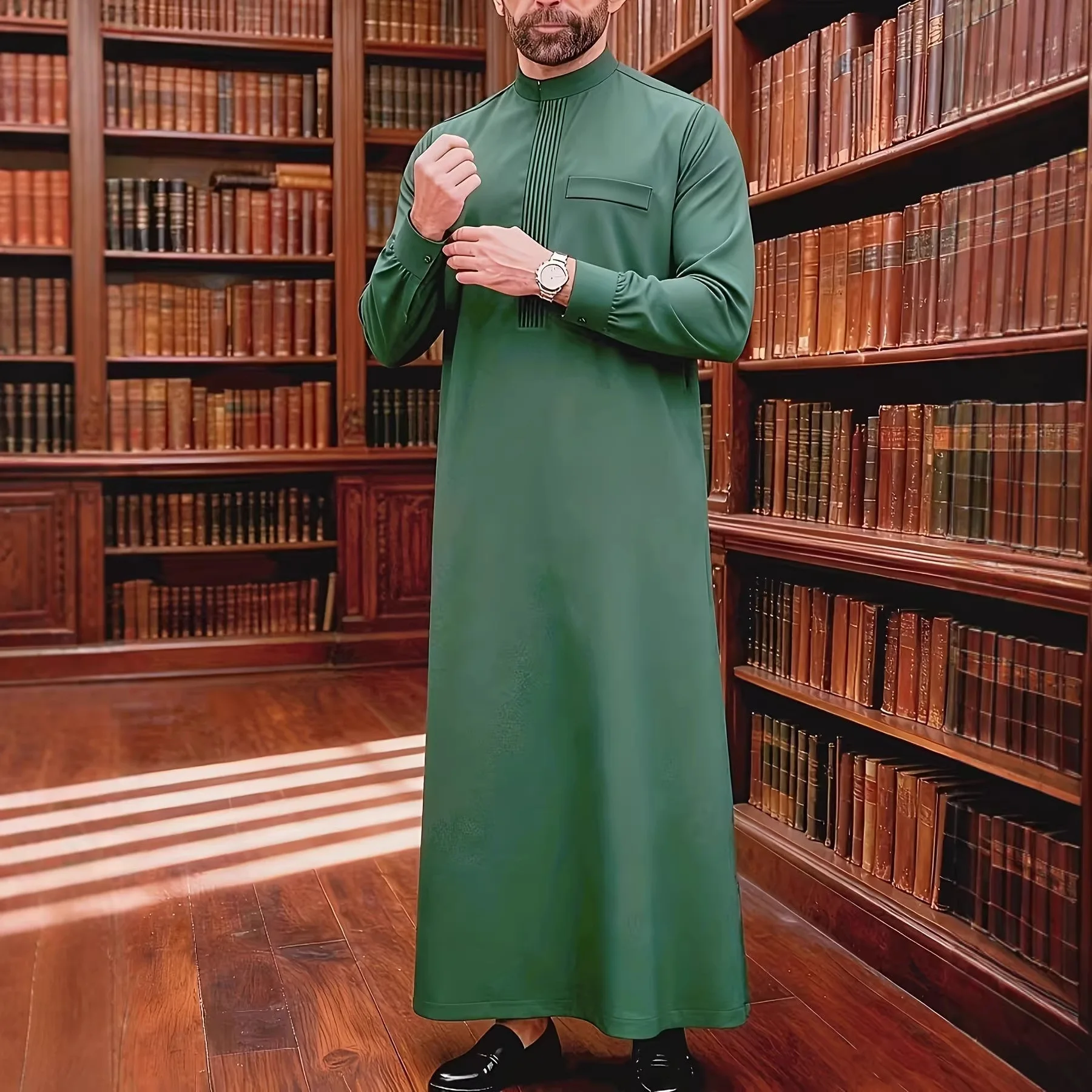 Muslim Men's Solid Color Jubba Thobe Stand-up Collar Long-sleeved Casual Ethnic Clothes Arabic Panjabi Black White Thawb Kaftan