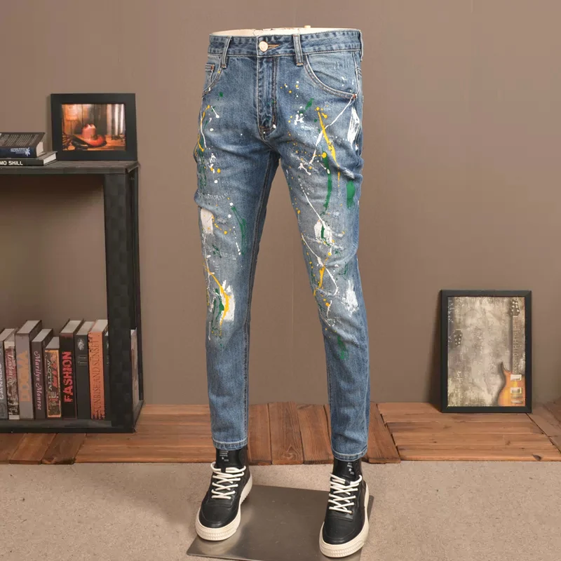 Street Fashion Men Jeans Retro Blue Painted Designer Elastic Ripped Jeans Men Stretch Trousers Hip Hop Denim Pencil Pants Hombre