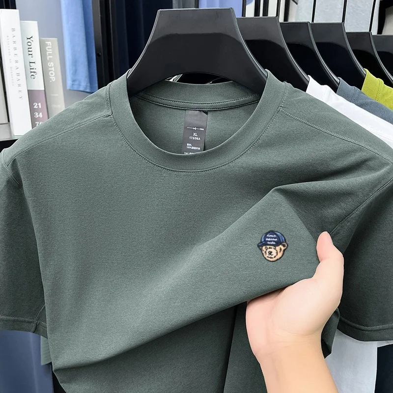 High Quality Men Short-Sleeved T-Shirt Solid Color Round Neck Embroidery Multiple Color Options Korean-Style Hot-Selling for Men