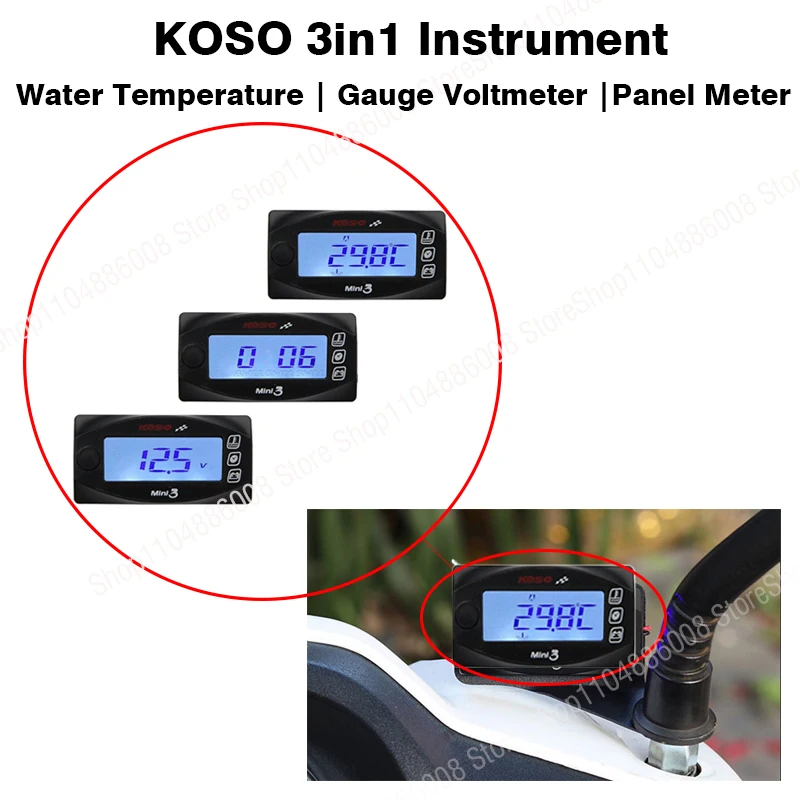 

KOSO 3in1 Instrument Water Temperature Gauge Voltmeter Panel Meter Time Display Suitable For Motorcycle Accessories Modification
