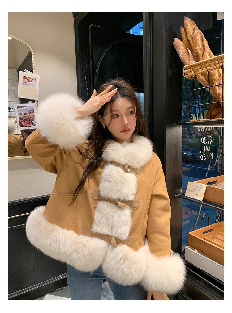 Cappotto invernale da donna in finta pelliccia di volpe scamosciata marrone in cotone manica lunga monopetto giacca ispessita imbottita color caramello