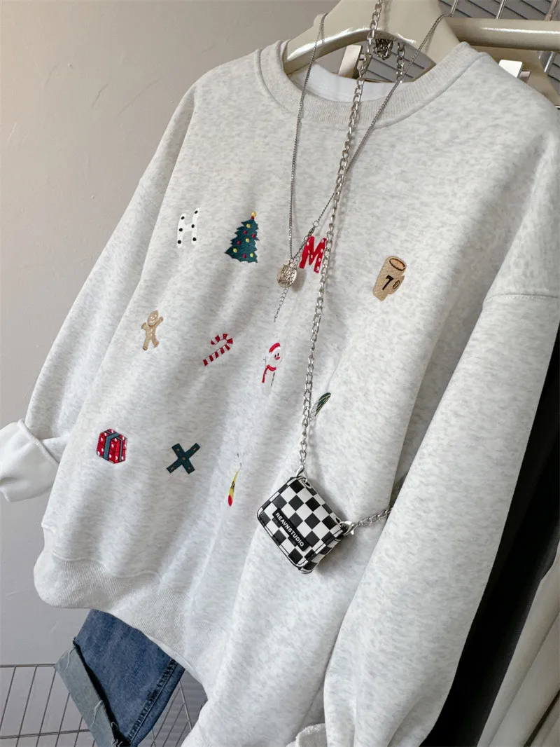 Plus size cisas bordado redondo ne hoodie feminino outono inverno coreano sle facionable solto ajuste longo sve suor