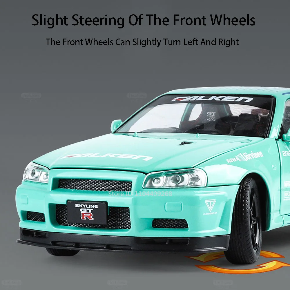 스케일 1:24 GTR R34 스카이 라인 R35 스포츠카 모델 장난감 음악 라이트 풀 백 도어 열린 미니어처 모델 컬렉션 아이 선물