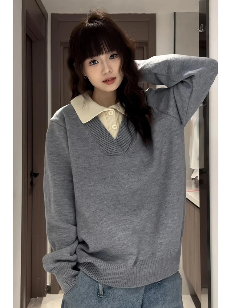 

Мужской зимний повседневный свитер с V-образным вырезом, имитация двухслойности, свободный крой, отложной воротник, серый, утолщенный, вязаный