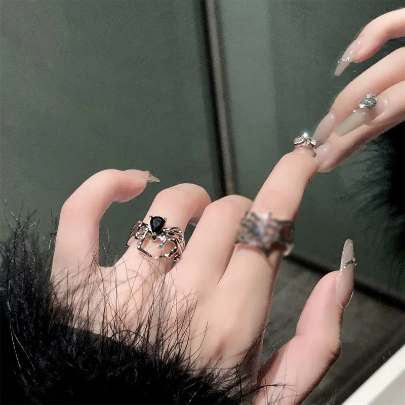 Gothic Punk Unregelmäßige Spinne Öffnung Ring Frauen Männer Mode Zirkon Schwarz Kristall Dark Tier Ring Hip Hop Party Finger Schmuck – Detail 13