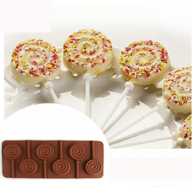 6-Cavity Spiral Circle Lollipop Silicone Chocolate Mold Cake Fondant Cookie Mould Jelly Pudding Doughnut Molds DIY Baking Tools