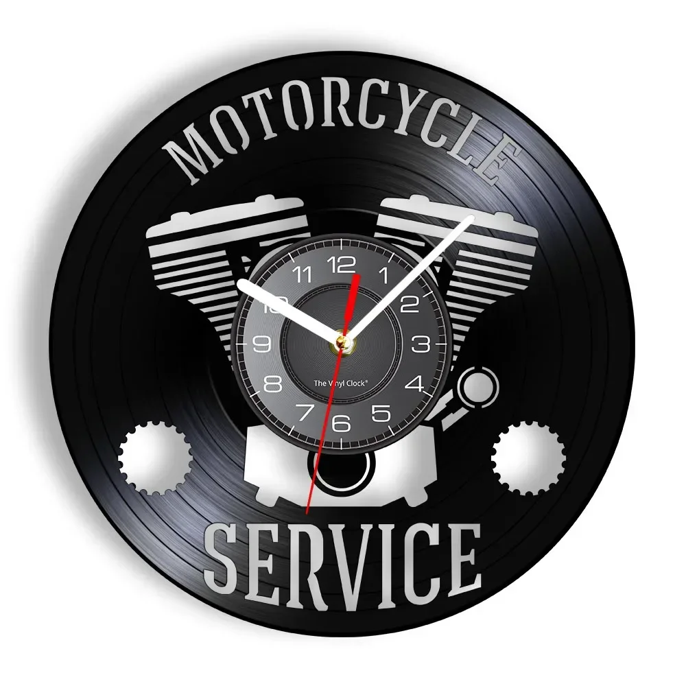 Motorcycle Service Business Hanging Sign Workshop Wall Clock Motorbike Repair Vinyl Record Clock Garage Decorative Wall Watch