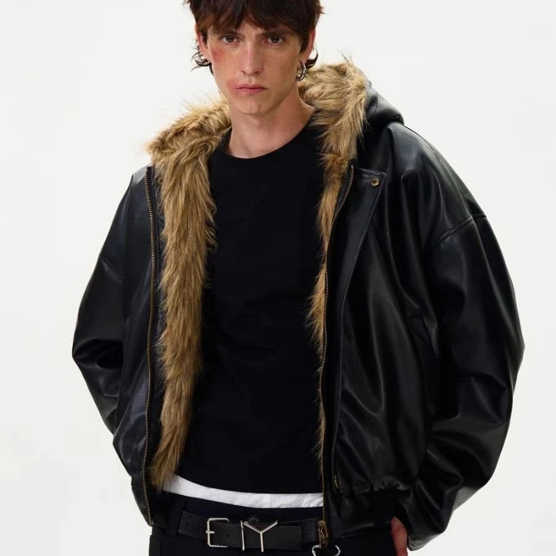 Luxury Brand Leather Jacket Faux Fur Coat Men's Winter Warm Reversible Wear Windproof Streetwear PU Leather Coats Zip Fur Lined