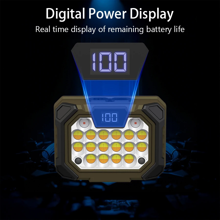 Super Bright LED COB Headlamp Motion Sensor Powerful Torch Power Display Outdoor Waterproof Hunting Fishing Flashlight