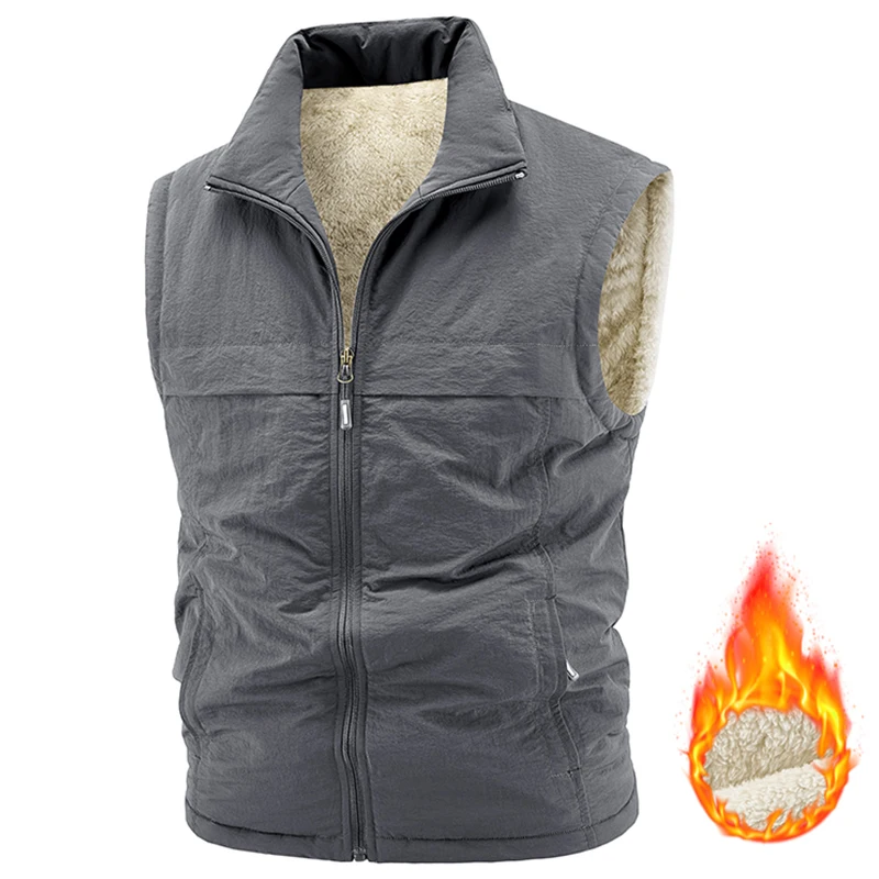 

Men Winter New Fleece Warm Thick Vest Men Outdoor Photographer Fishing Windproof Sleeveless Vest Stand Collar Sports Vest Male