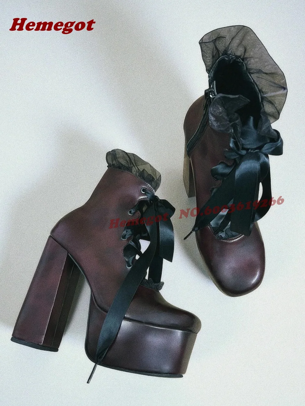 Black Ribbon Lace-Up Ruffle Trim Goth Lolita Block Heel Booties Retro Platform Patchwork Women's Ankle Boots Side Zipper Casual