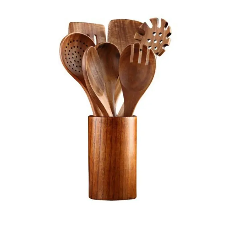 FYBL-Wooden Cooking Tools 8 Pieces Wood Kitchen Utensil Set With Holder Ideal For Healthy Non-Stick Cookware