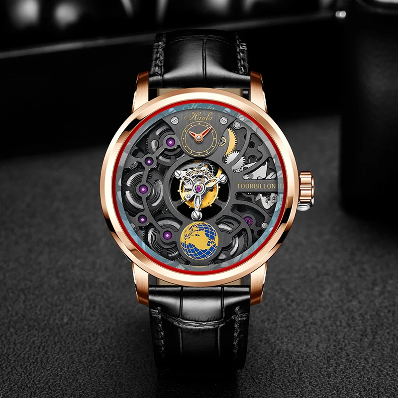 Haofa Modules-Montre pour Homme, Tourbillon, Rotation Earth 316, Acier Inoxydable, Cuir d'Alligator, Quatre Ressorts, 120 Heures de Puissance, 1938