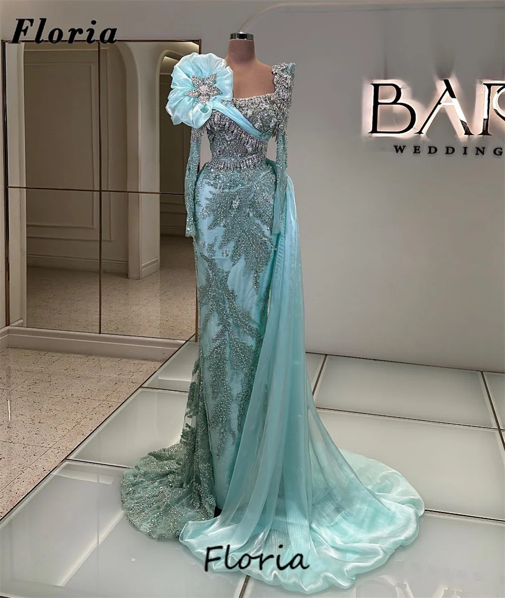 

Middle East Mint Green Evening Dresses Long Sleeves Custom Made Beaded Crystals Prom Dress Robes De Soiree Wedding Party Gowns