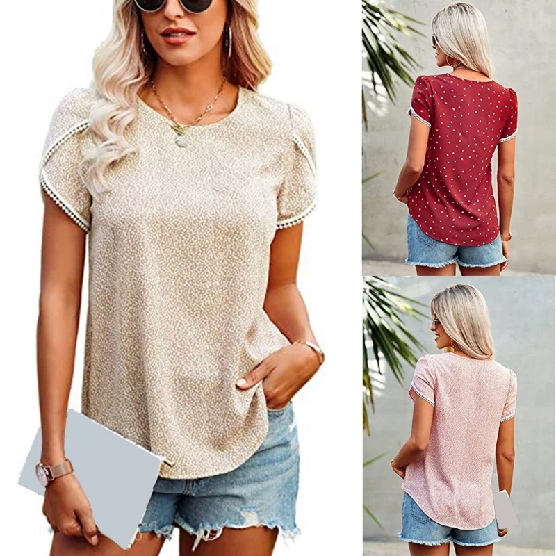 Womens Lace Trim Short Sleeve Crewneck Casual Tees Tshirts Blouse Tops Summer Casual Shirts