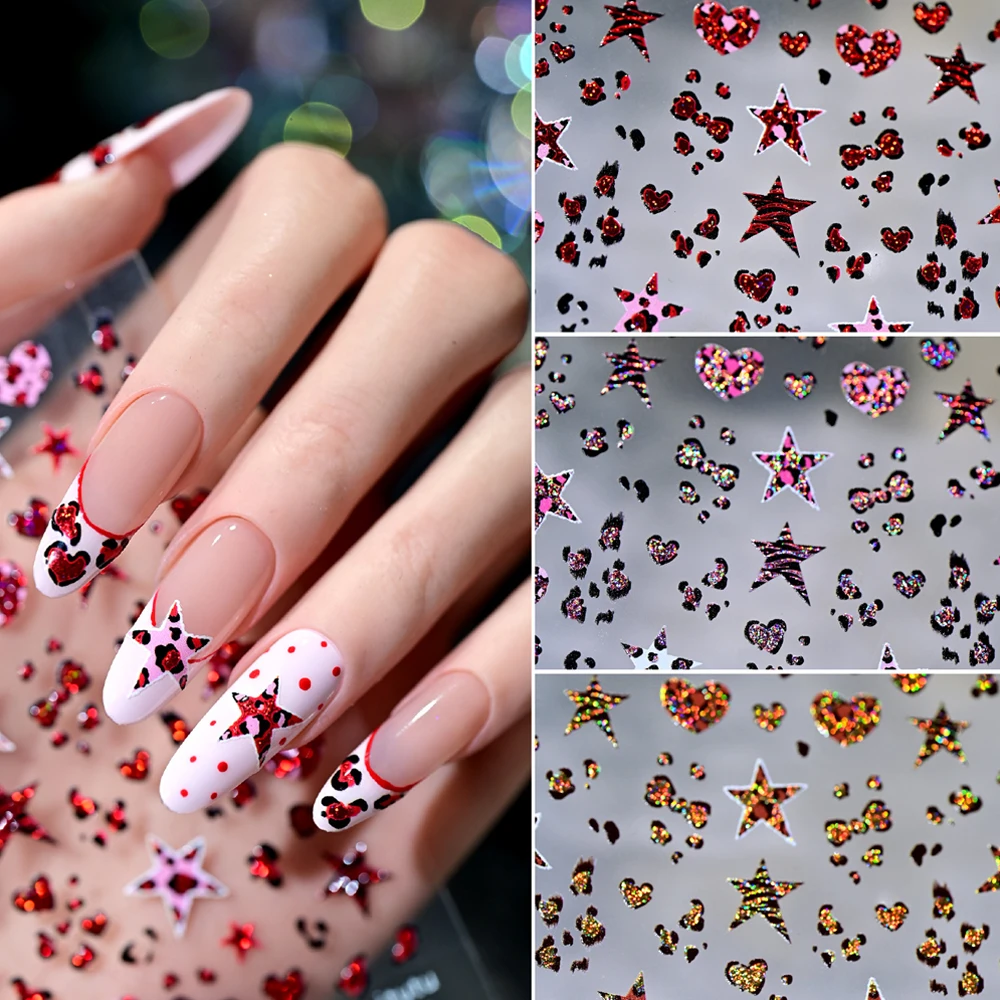 1pc 5D Stampa Leopardo Stampaggio A Caldo Adesivi Per Unghie Y2K Cuore Pentagramma Con Glitter Design Decalcomanie Per Unghie Autunno Punta Delle Dita Unghie Decorazione