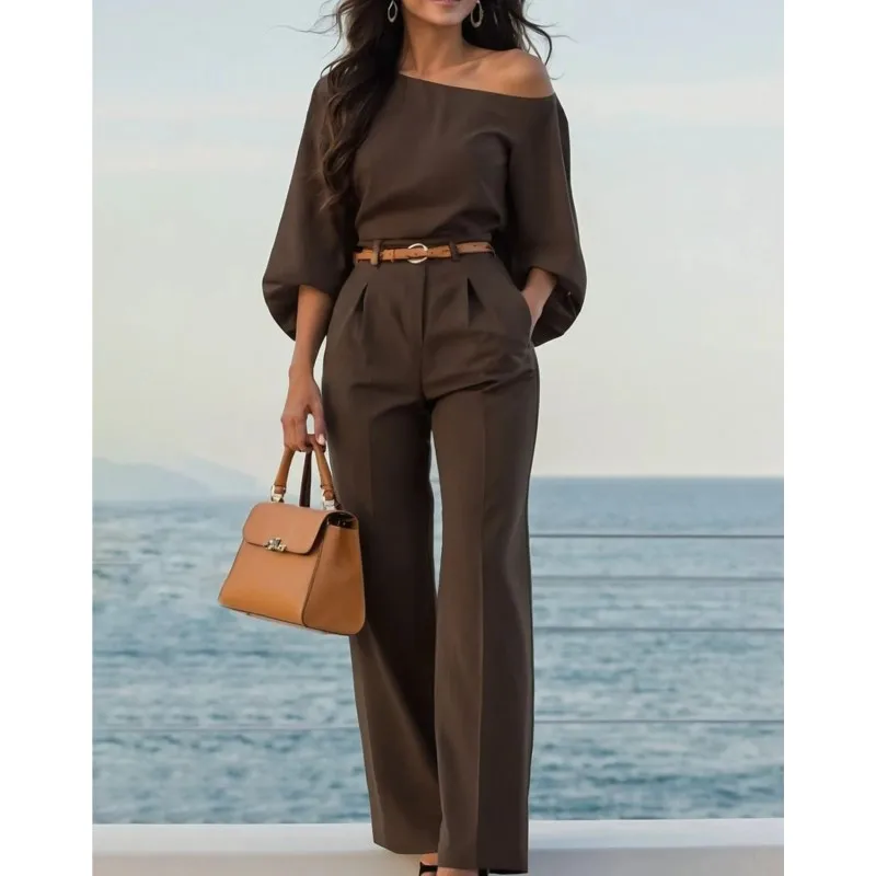 

Woman's Elegant Office Two-piece Set Sexy Slanted Neck Loose Top Fashion Solid Straight Leg Pants Suit Lady Foreign Style Outfit