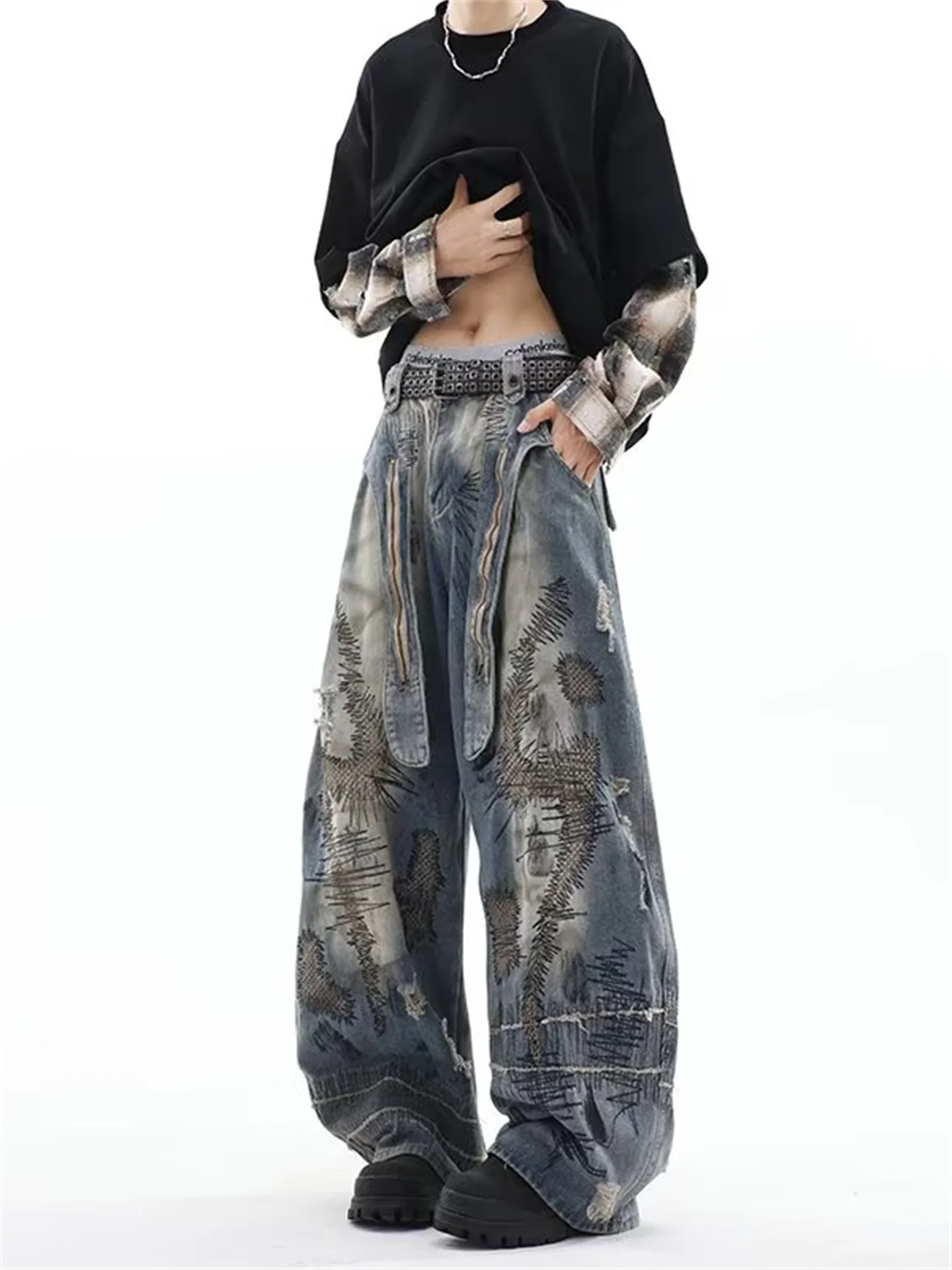 

Мужские широкие джинсы American High Street в стиле олдскул, модные рабочие джинсы из денима с эффектом потертости, повседневные, прямого кроя