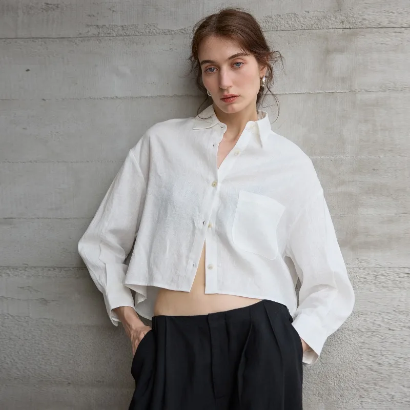 

100% Linen Women's Long-Sleeve Cropped Shirt Office Ladies Solid Color Loose-Fit Cardigan Tops 2026 Summer French Elegant Shirts