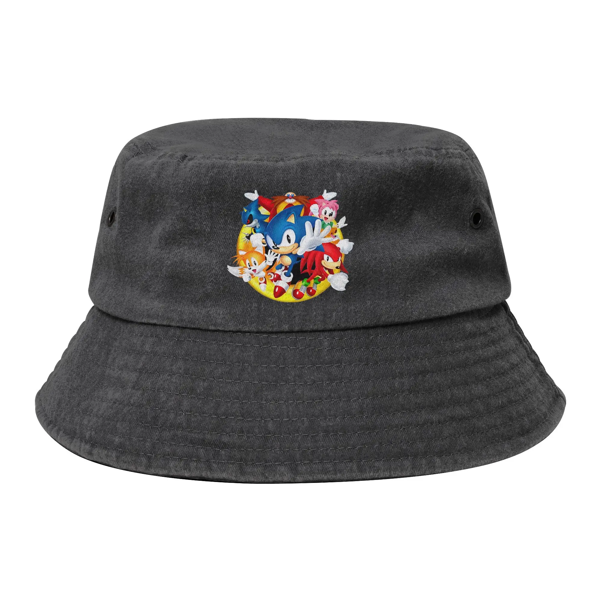 Hedgehog Shadow Game Cartoon Bucket Hats Unisex Outdoor  Distressed Denim Fishing Caps Vacation Bob