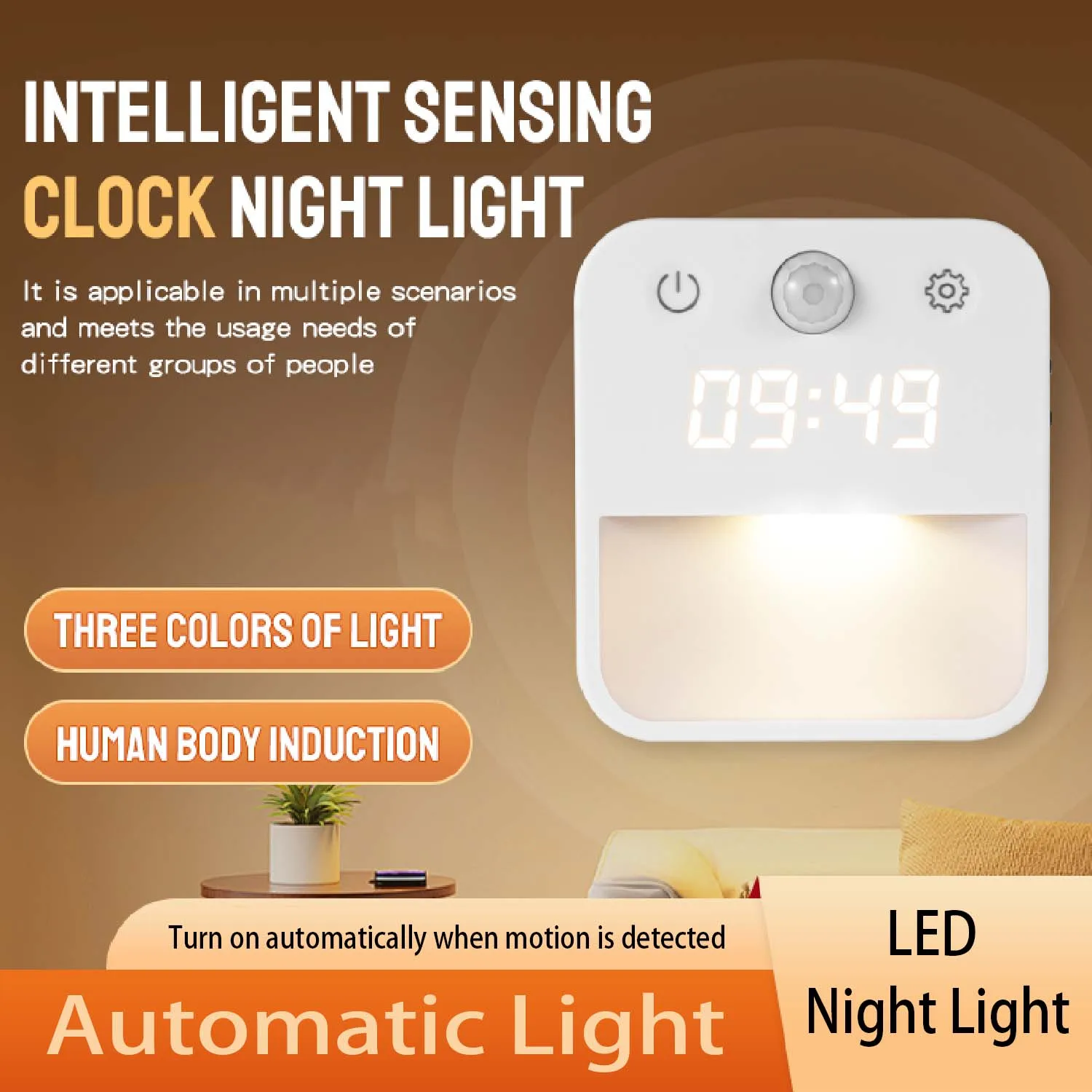 Motion Activated Night Light Illuminating Fixture with Clock Display with Built-in Clock Display Dimmable Hallway Light