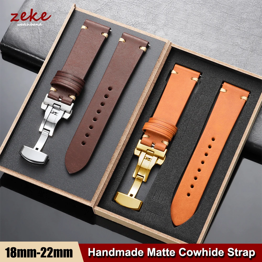 20 mm 22 mm handgefertigtes, genähtes Rindslederarmband mit Box, 18/19/21 mm mattes Leder-Uhrenarmband, Schmetterlingsschnalle, weiches Business-Armband