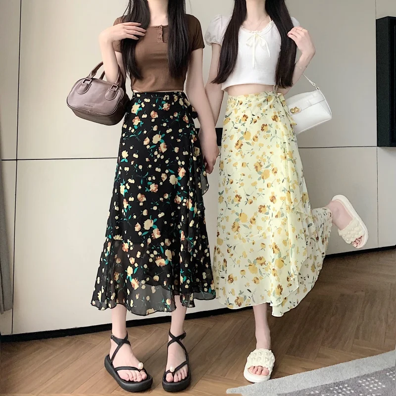 

Длинная женская юбка-русалка с цветочным кружевом, плиссированная, с поясом, цельная, с цветочным принтом