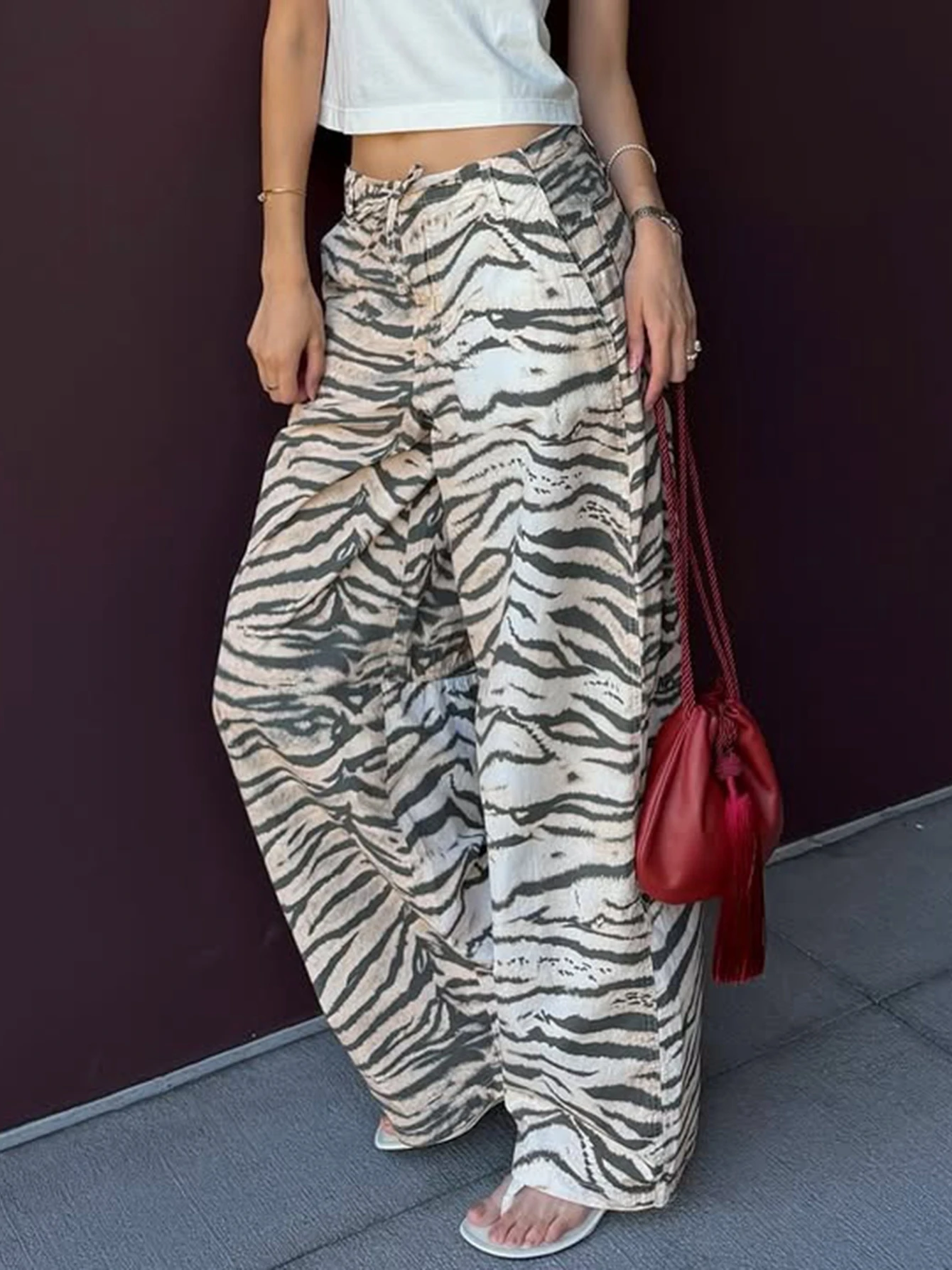 Hugcitar Zebra Print High Waist Loose Drawstring Wide Leg Pants Trousers Fashion Women Clothes Streetwear Party Club Y2K