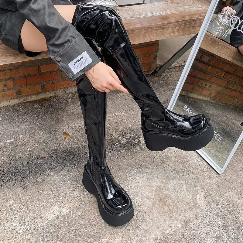 

Stretch Patent Leather Biker Over The Knee Boots for Women Height Boost Platform Thick Sole Side Zipper Round Toe Petite