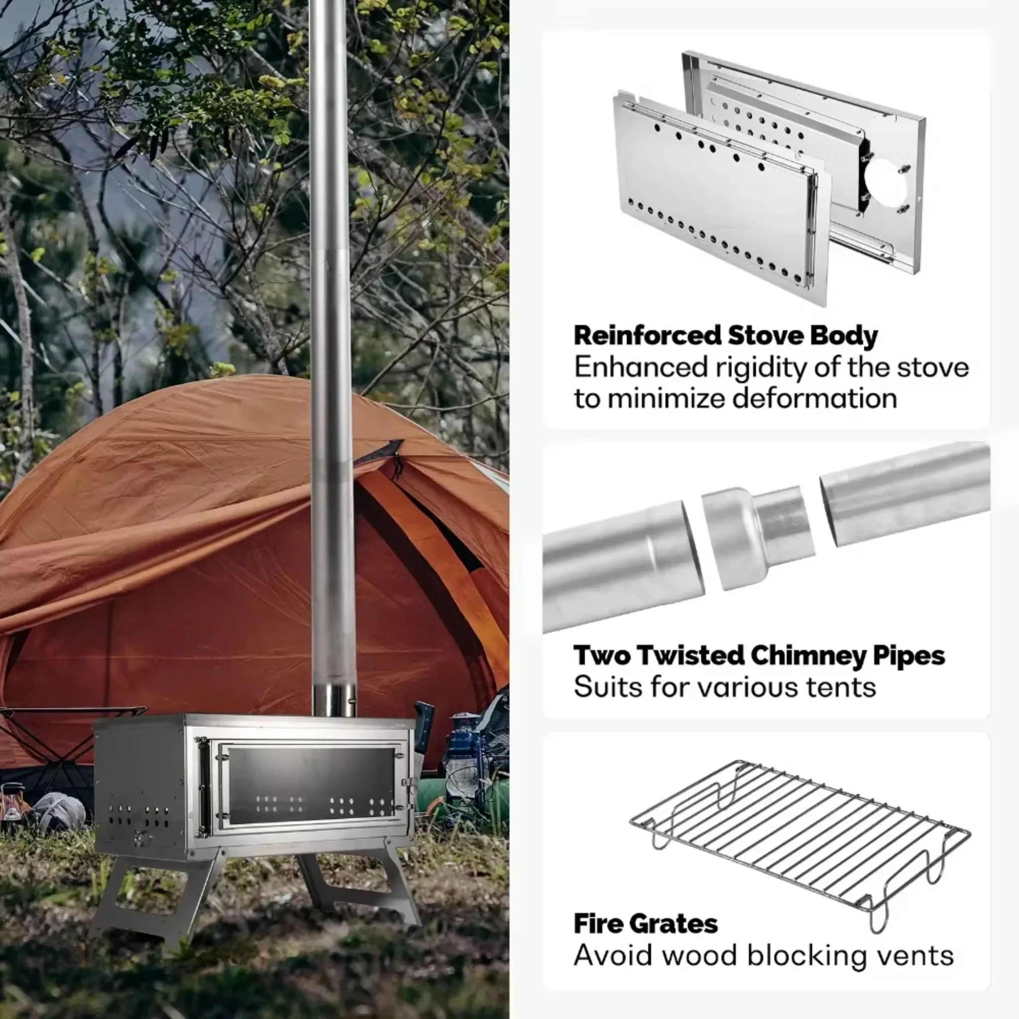 Estufa de leña para tienda de campaña, fabricada en acero inoxidable, plegable y portátil, con chimenea ajustable para cocinar al aire libre en tiendas de campaña.