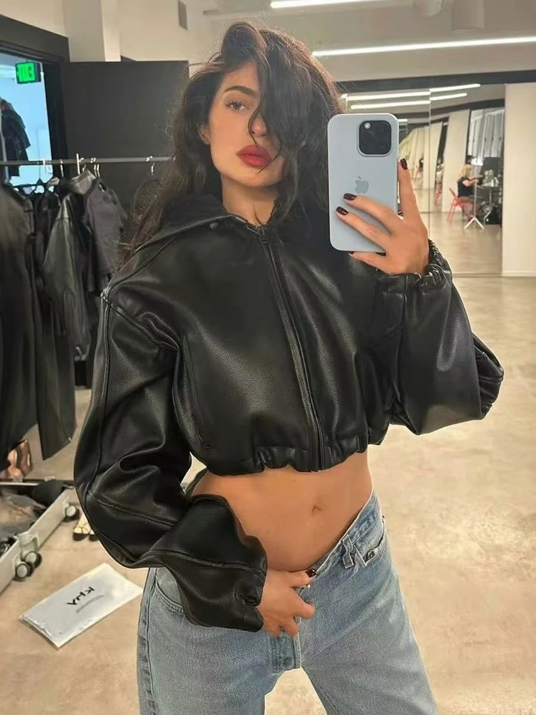  KHY Artificial Leather ort Coat Jaet with Hood Thin Motorcycle Sle Zipper Decorated Loose Fit Women's Outerwear