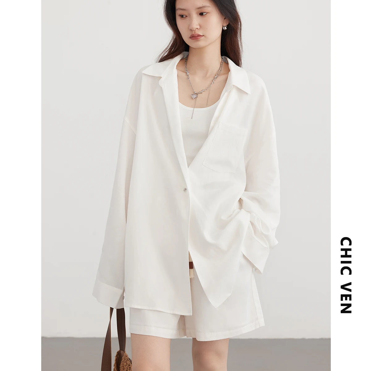 CHIC VEN Women Shirts Solid Loose Casual Linen Shirt Female Blouse Drawstring Elastic High Waisted Shorts Spring Summer 2024