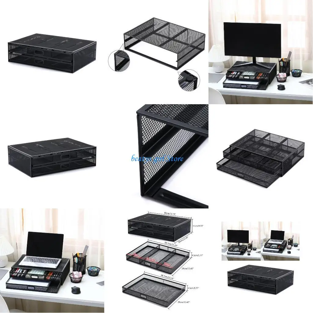 

C7AB Настольные органайзеры из металлической сетки с 2 ящиками для хранения Подставка для монитора Офисные принадлежности