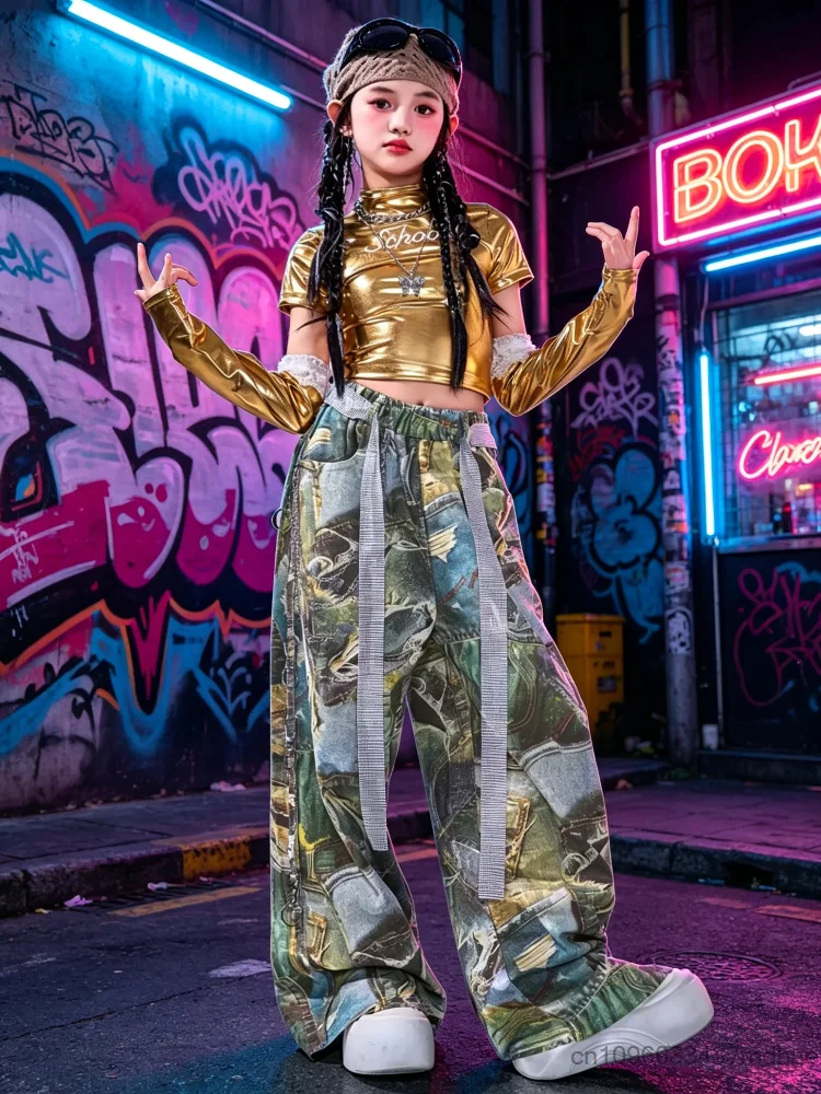 

Mädchen Hip Hop Costume Jazz Dance Outfit Gold Crop Top Baggy Pants School Show Performance Suit Enfant Street Dance Clothes