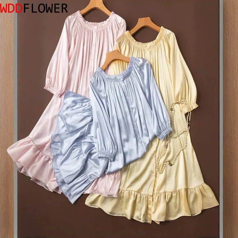 Women Silk Nightgown 19 Momme 95% Mulberry Silk 5% Spandex Solid Color Loose Type Buttons Down Sleep Dress Sleepwear M1524