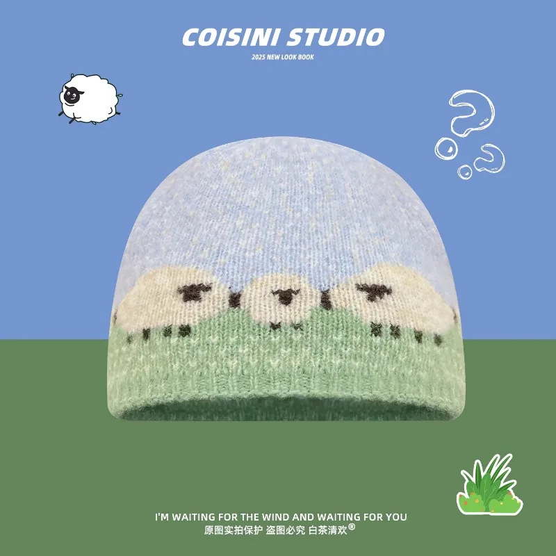 Ins Cute Lamb Jacquard Knitted Beanies for Women Autumn and Winter Casual Warm Versatile Personality Pullover Hats for Men