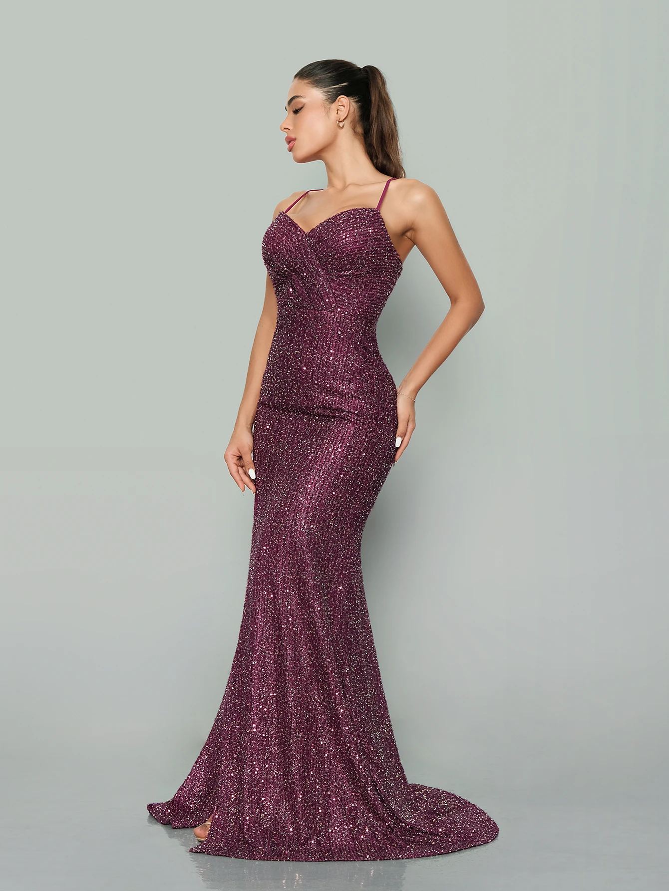 

BABYONLINE Purple Sequined Mermaid Evening Dresses | Deep V-Neck & High Slit for Galas,Weddings & Red Carpet