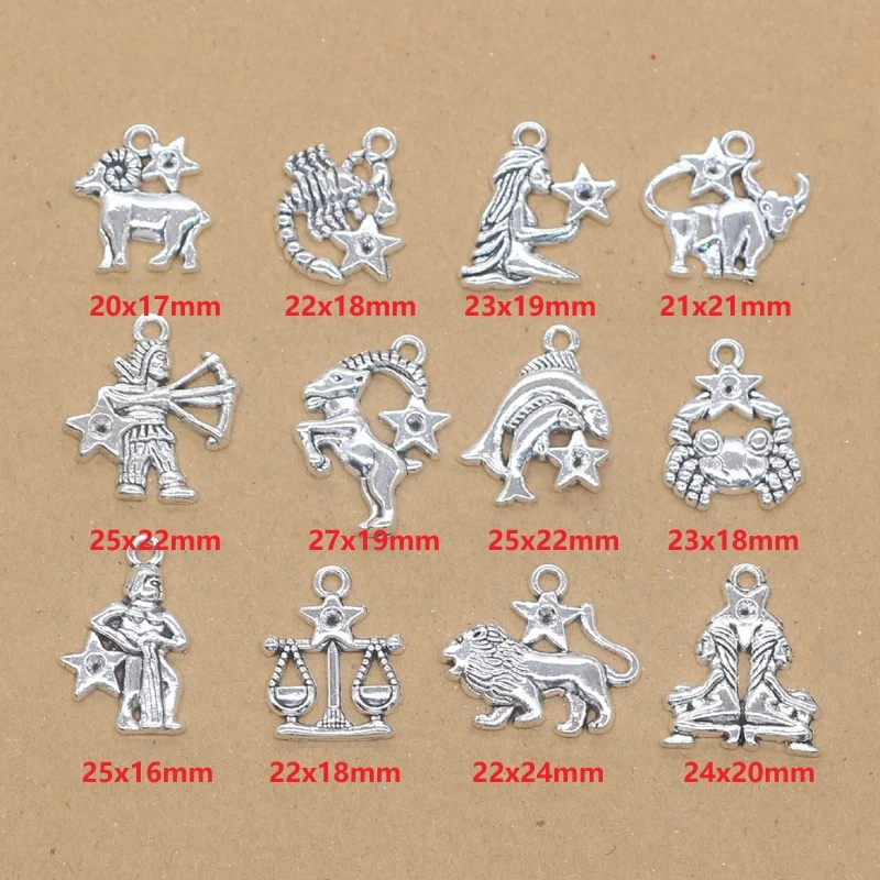 12pcs Charms Zodiac Libra Aries Pisces Gemini Taurus  Cancer Vigro Scorpio Leo Pisces Silver Color Pendants DIY Making Jewelry