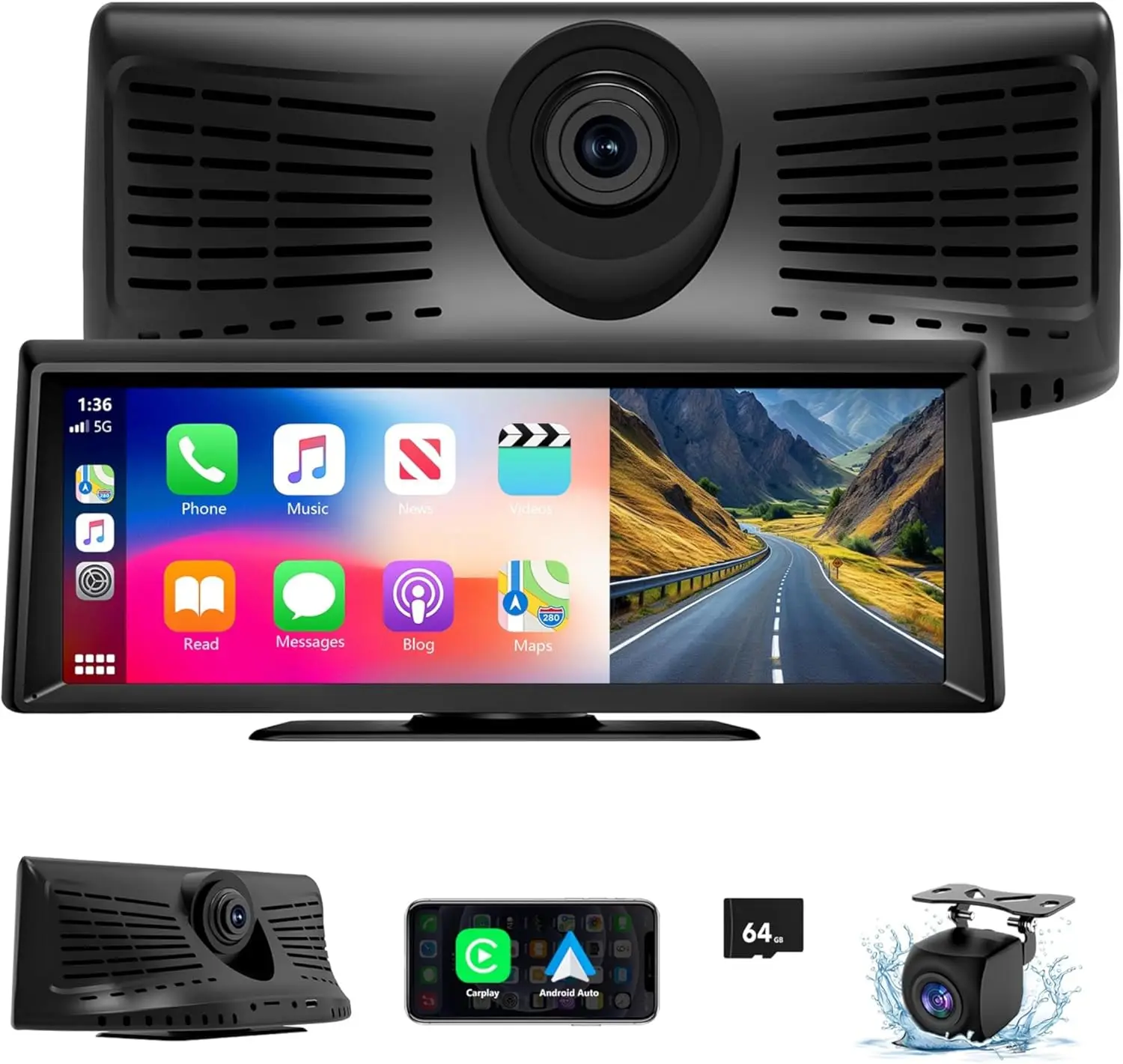 

8.1" Wireless Carplay Screen with 2K Dash Cam, Android Auto, Backup Camera & GPS Navigation for All Vehicles