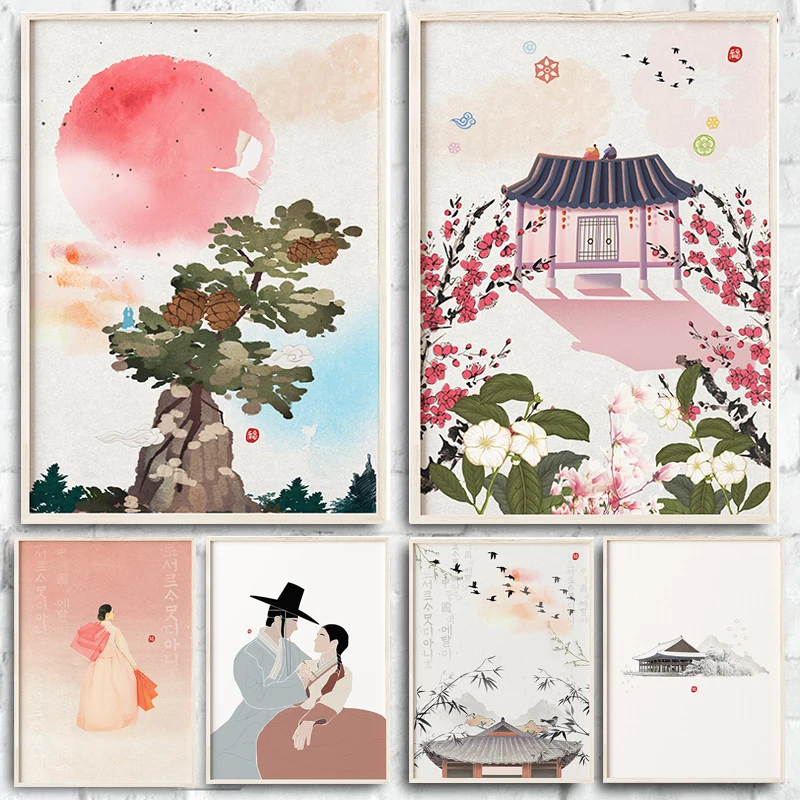 Korean Style Poster Canvas Painting Asian Korean Culture Landscape Art Wall Pictures for Living Room Bedroom Home Cafe Decor