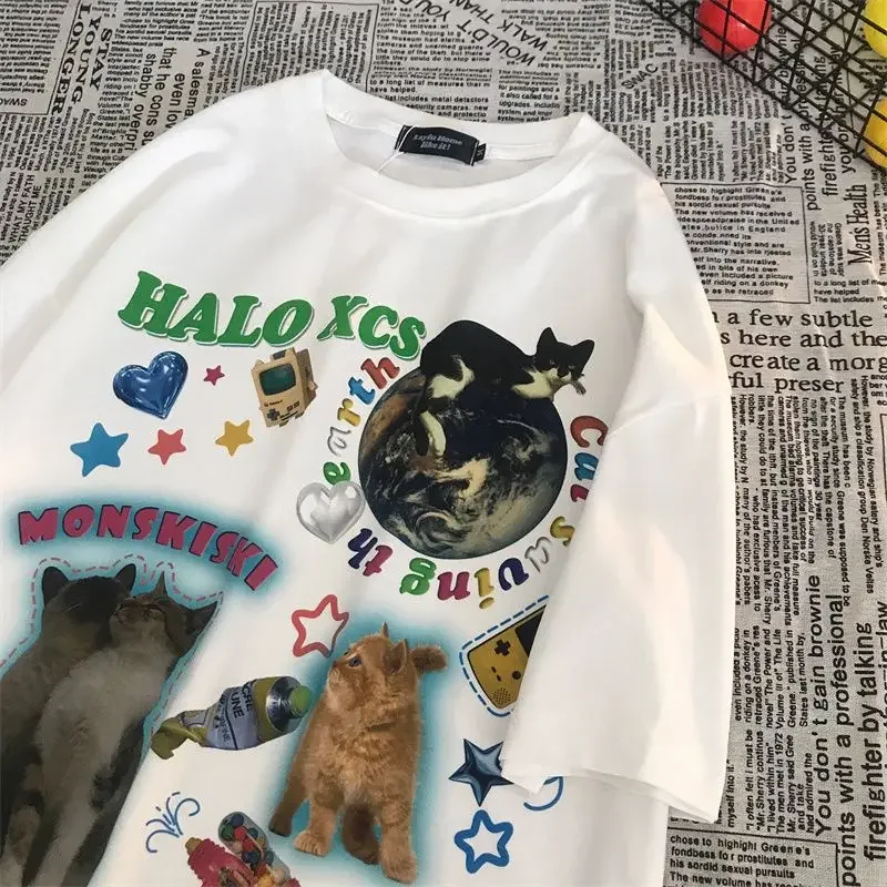 

Pure Cotton Japanese Vintage Cartoon Cat Print Short Sleeved T-shirt Oversize Loose Fitting for Men and Women Couples Clothing