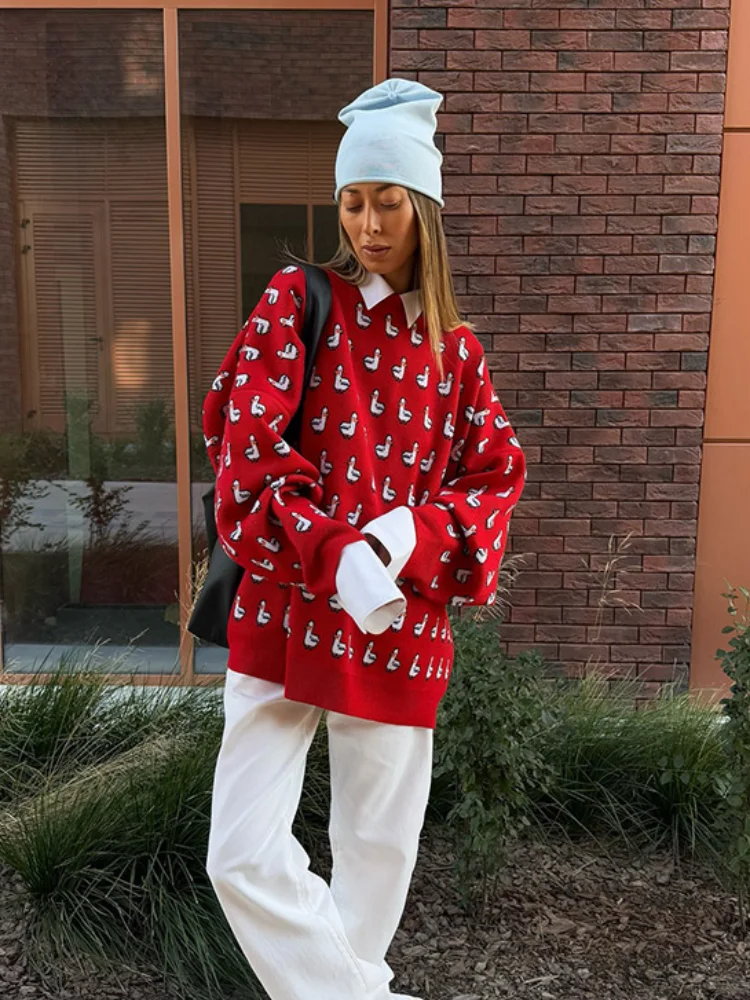 

Вязаный женский пуловер с принтом «Красная утка», винтажный свободный свитер с длинными рукавами и круглым вырезом, 2025 г., женские уличные модные свитера